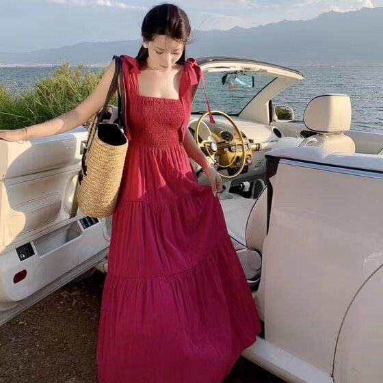 Seaside Holiday Solid Color Sling dress Women's Niche Design Sense Waist Tight Strap White Beach Long Dress for Women