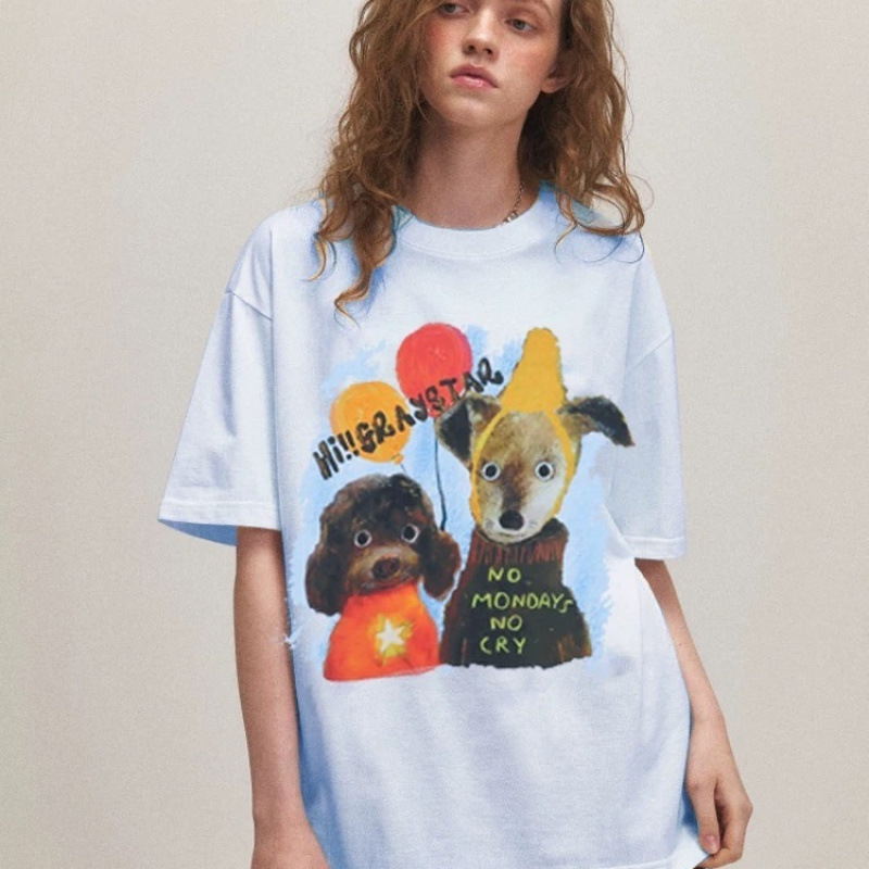 2025 新アーティスト子犬プリント夏の新ピュアコットンルーズオフショルダー半袖トップカップル Tシャツ|undefined