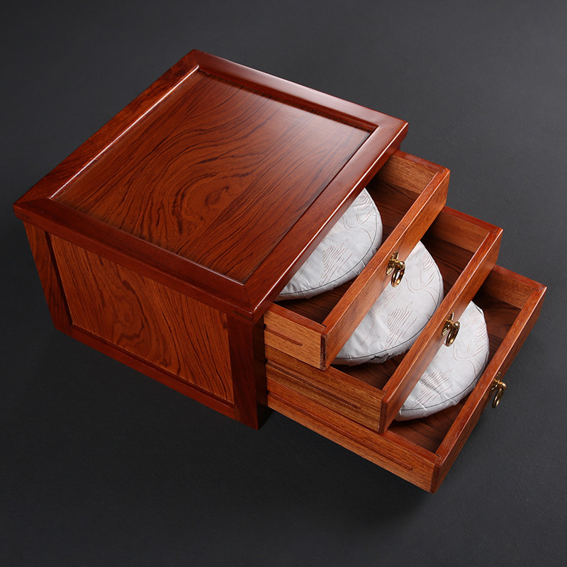 Fábrica al por mayor nueva madera maciza palo de rosa pu'er caja de almacenamiento de pastel de té cajón gabinete de té de madera de ala de pollo bandeja de té
