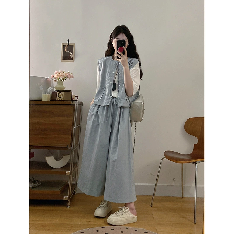 Повседневный костюм больших размеров, летний женский многослойный жилет без рукавов в консервативном стиле, широкие брюки для похудения, комплект из трех предметов