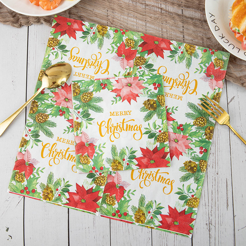 temu cross-border christmas printed napkin plant flower and bird series kitchen table decoration square paper small tissue