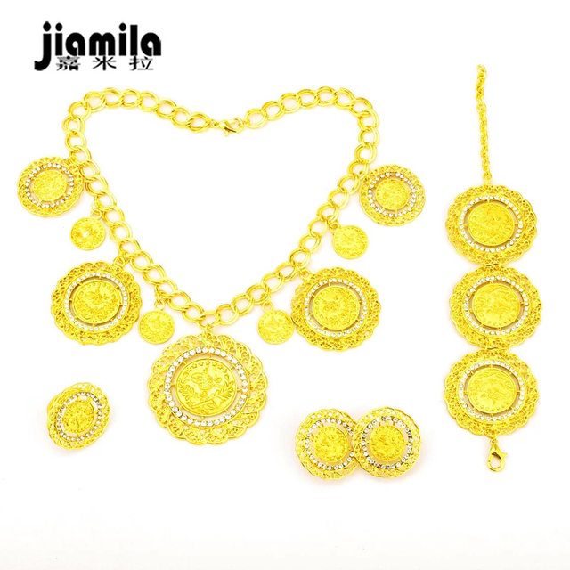 Jamila Dubai Bridal Jewelry Set European Beauty Wedding 24K Gold Necklace Earrings Ring Bracelet Four-piece Set