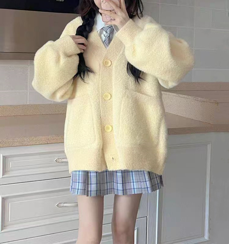 学院风软糯仿水貂绒v领毛衣外套女秋冬新款宽松外穿纯色针织开衫|undefined