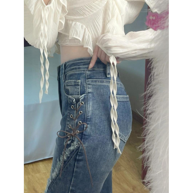 빈티지 스플릿 래그 스트랩 청바지 여성용 봄과 가을 슬림 핏 스트레치 높은 허리 슬리밍 마이크로 플레어 바지