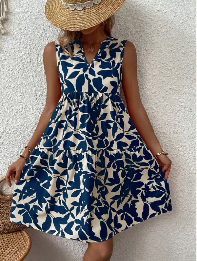 Women's Clothing Women's V Neck Sleeveless Dress Summer Fashion Printed Dress For Formal & Casual For Women_ecoleips.com