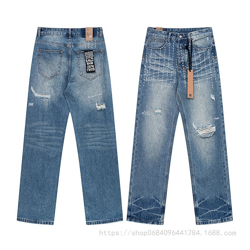 Foreign Trade American Fashion Ksubi Retro Ripped Washed High Street Unisex Casual Trendy Slim Wide-Leg Stretch Jeans