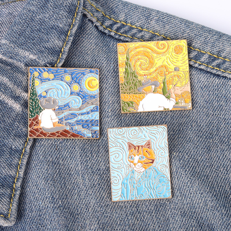 New Oil Painting Alloy Brooches Creative Van Gogh Starry Sky Geometric Pattern Modeling Paint Brooch display picture 1