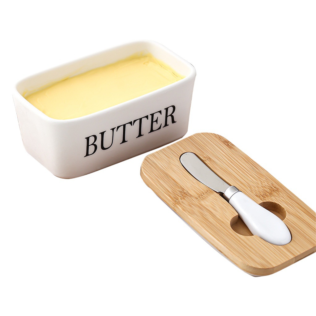 Caja de mantequilla de cerámica rectangular caja de mantequilla de tanque sellado cubierta de bambú con cuchillo caja de queso de hogar de estilo occidental transfronterizo Amazon