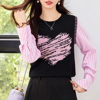 Хит Amazon для международных продаж: трикотажный топ для весны и осени, 25-й год выпуска, придающий омолаживающий эффект, стройнящий, универсальный, имитация двухслойного дизайна, с длинным рукавом, для повседневной носки.