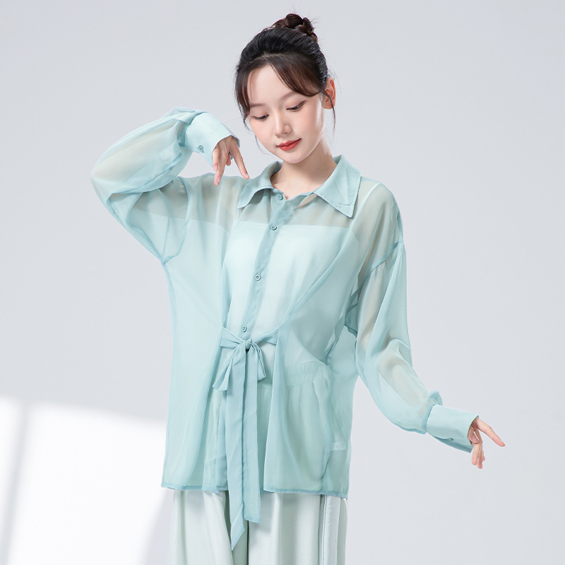 女性用モダンダンス練習服、女性用新作レースアップ日焼け止めシャツ、軽くて薄いカーディガン、エレガントで妖精のようなダンストップ|undefined