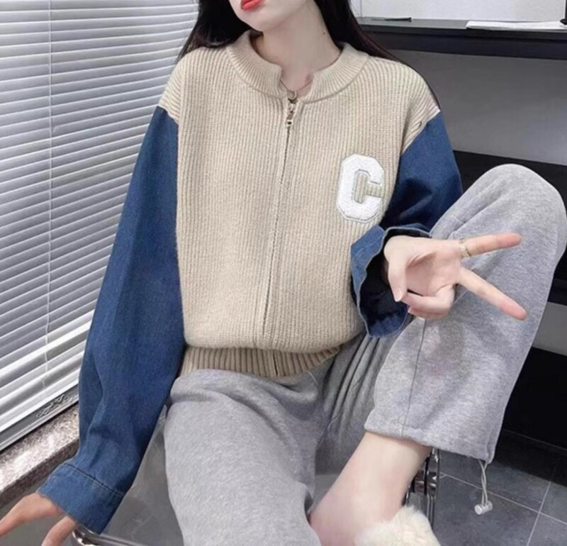 韩系拼接针织开衫毛衣女2025秋冬季设计感撞色长袖上衣牛仔袖外套|undefined