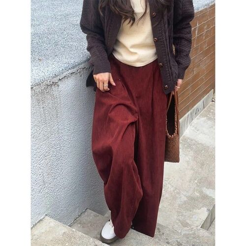 Angola Red Autumn/Winter Fleece Lined Thick Corduroy Wide Leg Pants for Petite Figures, Slimming Loose Large Size Pants for Plus Size Women