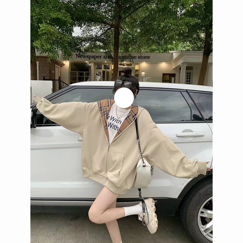 Lazy Style Plaid Stitching Long-sleeved Hooded Zipper Jacket Women's Early Autumn Loose Slim-fit Cardigan Top