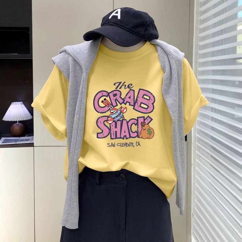 蜜桃粉色t恤女短袖2025新款夏季字母卡通大版宽松显瘦纯棉上衣|undefined