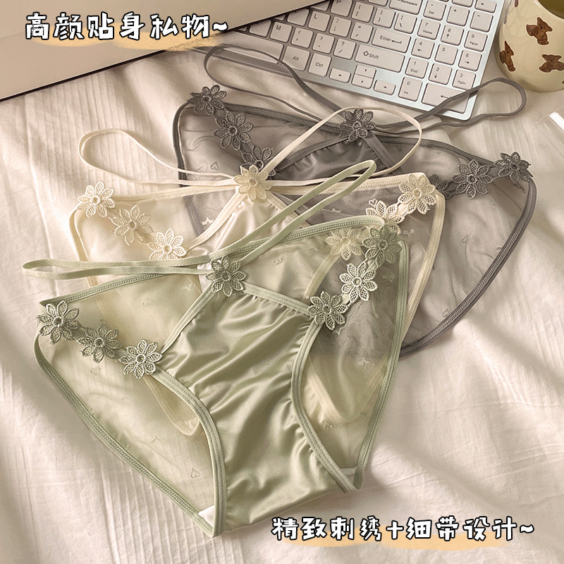 Dulce moda de encaje bordado tridimensional ropa interior de mujer puro deseo sexy cintura media-baja malla transparente calzoncillos ropa interior de mujer
