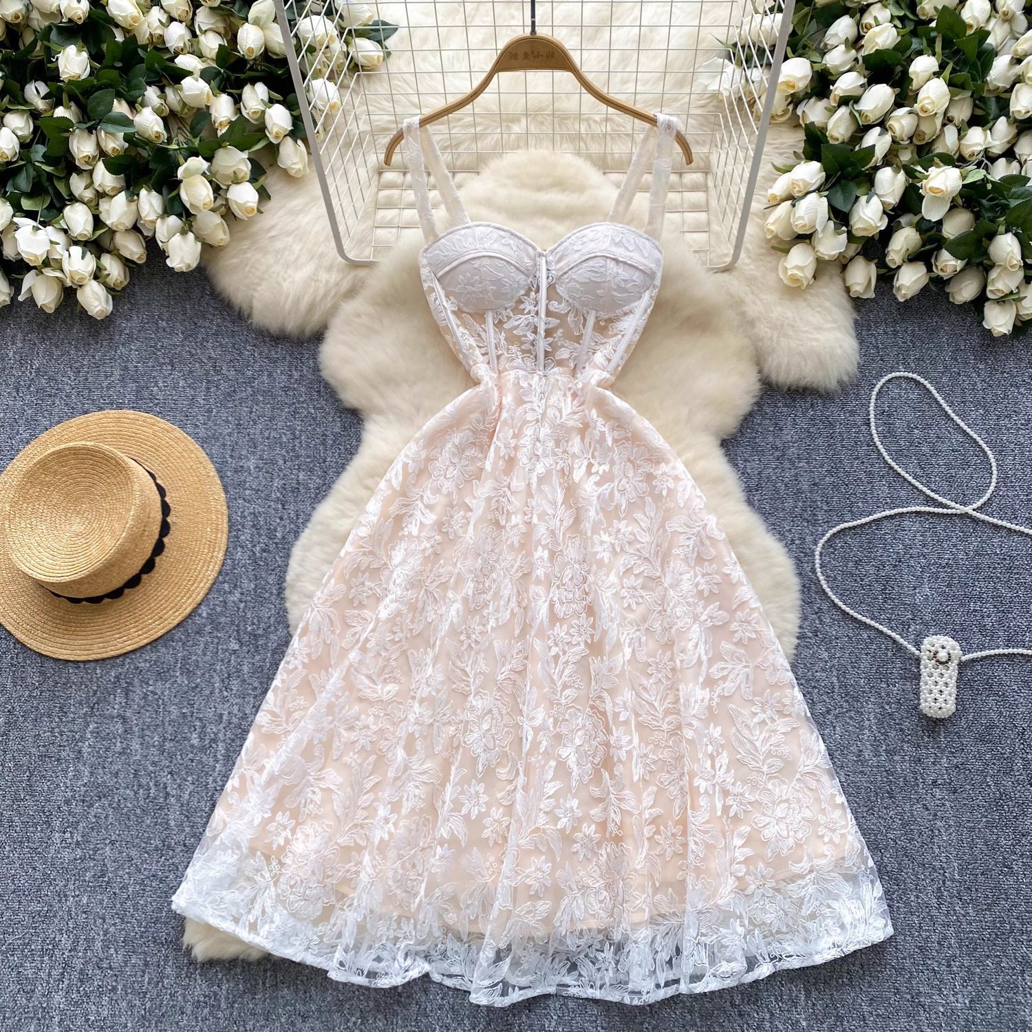 Evening Dress Women's Dress Niche French High-End Tube Top Lace Embroidery Waist Suspender Skirt