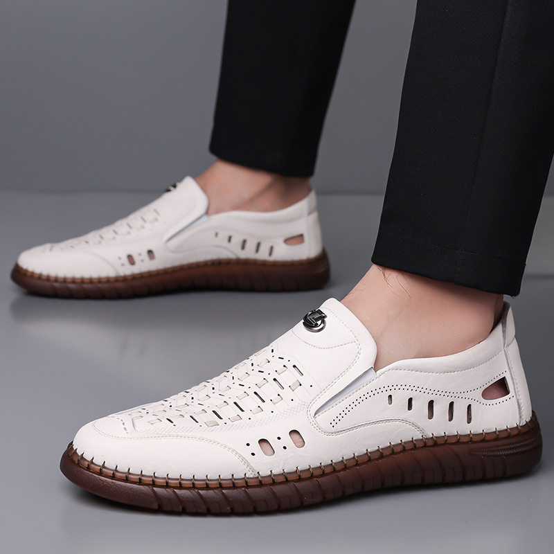 Dép sandal nam da dệt thoáng khí kiểu lười mũi vuông cỡ lớn — Màu kaki, Màu trắng, màu đen