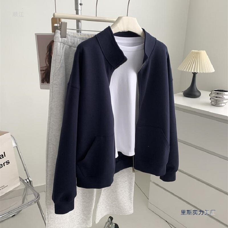Dark Blue Color That Enhances Complexion and Appears Youthful, Plus-Size Stand-Up Collar Air Layer Zip-Up Sweatshirt Jacket, Basic Style, Direct from the Source Factory