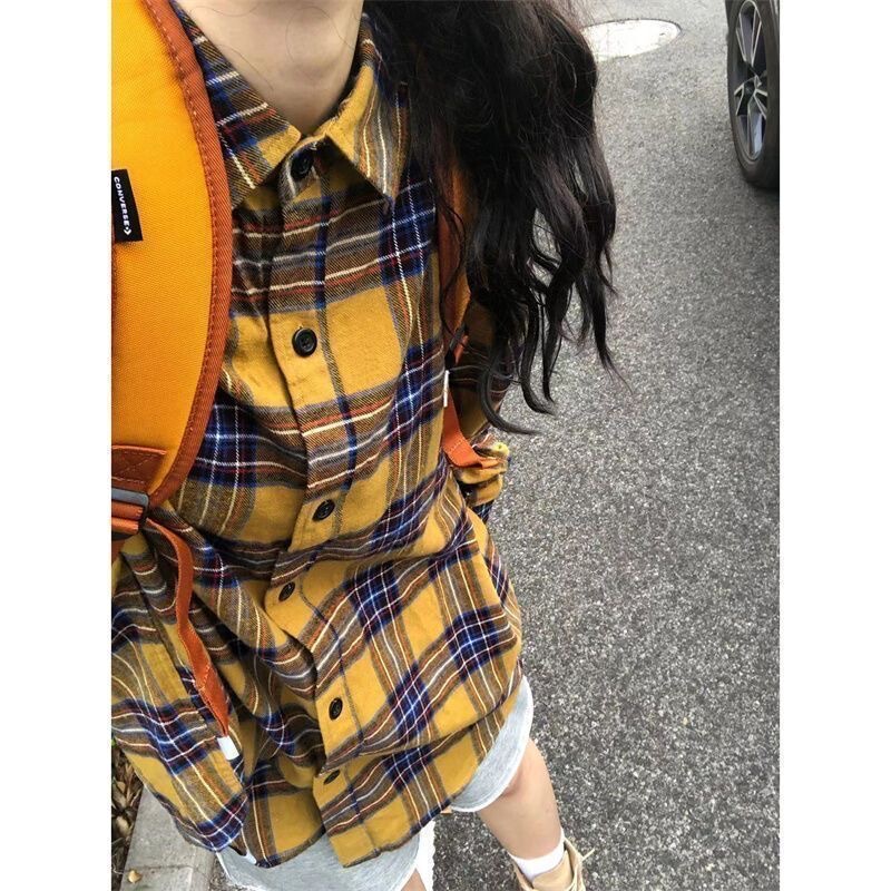 美式复古蓝色格子衬衫外套女2025秋季新款别致宽松休闲防晒衬衣潮|undefined