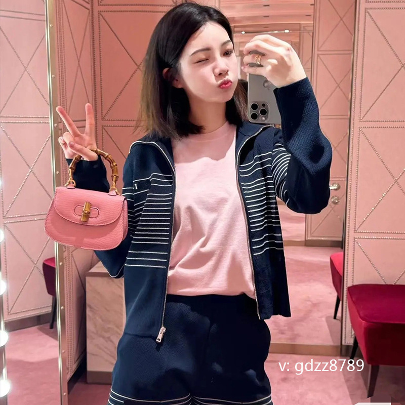 Nanyou High Version Korean Navy Blue Preppy Style Casual Knitted Jacket Contrasting Stripesd Lapel Long-Sleeved Cardigan