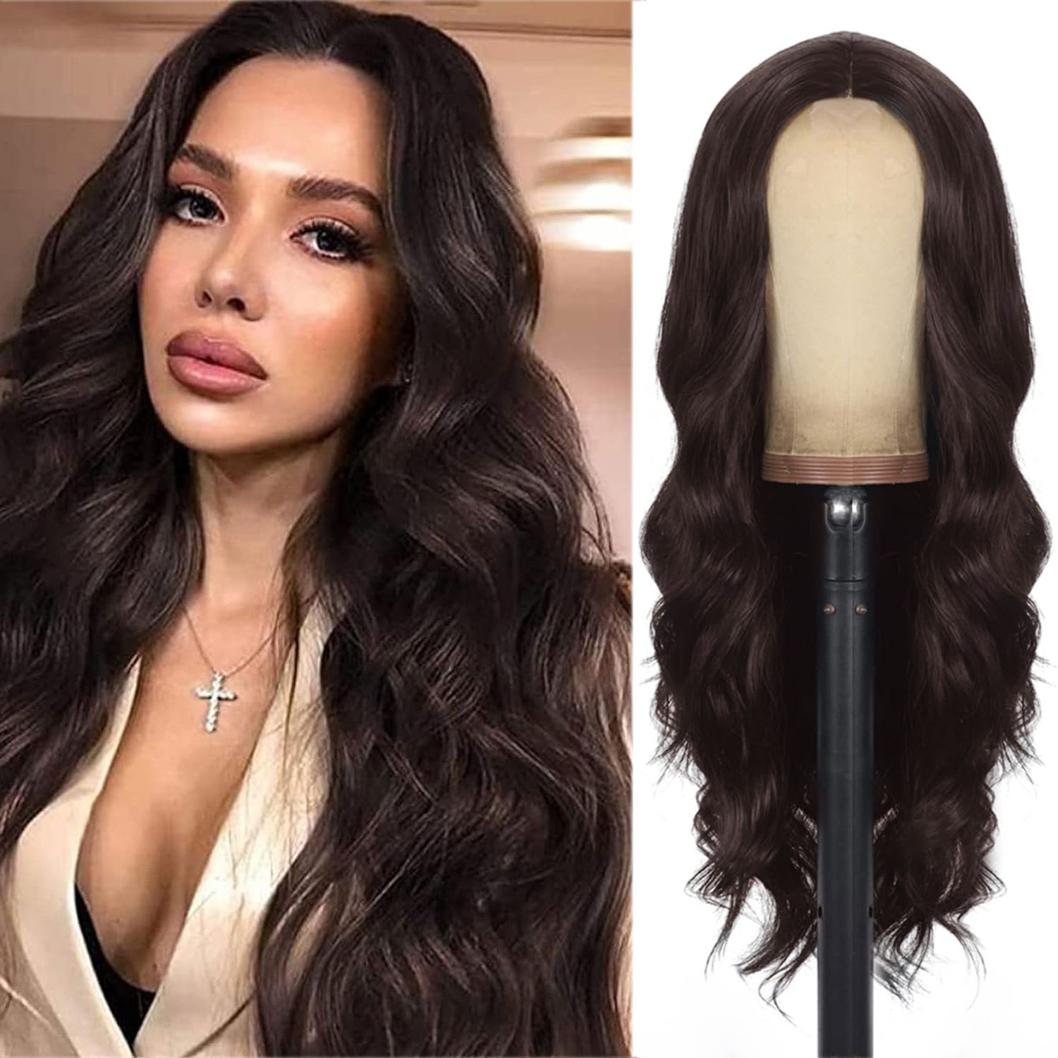 Perruque longue ondulée pour femme, cheveux bruns, raie au milieu, style polyvalent, confort optimal, extensions de cheveux synthétiques_voghion.com