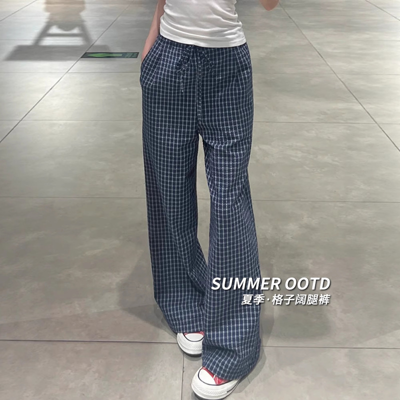 2025 New Navy Blue Korean Style Ruffled Plaid Casual Pants for Women, Summer High-Waisted Slimming Loose Wide-Leg Pants