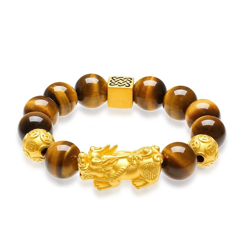 Tiger Eye Stone Pixiu Bracelet With Gold Transfer Beads_voghion.com
