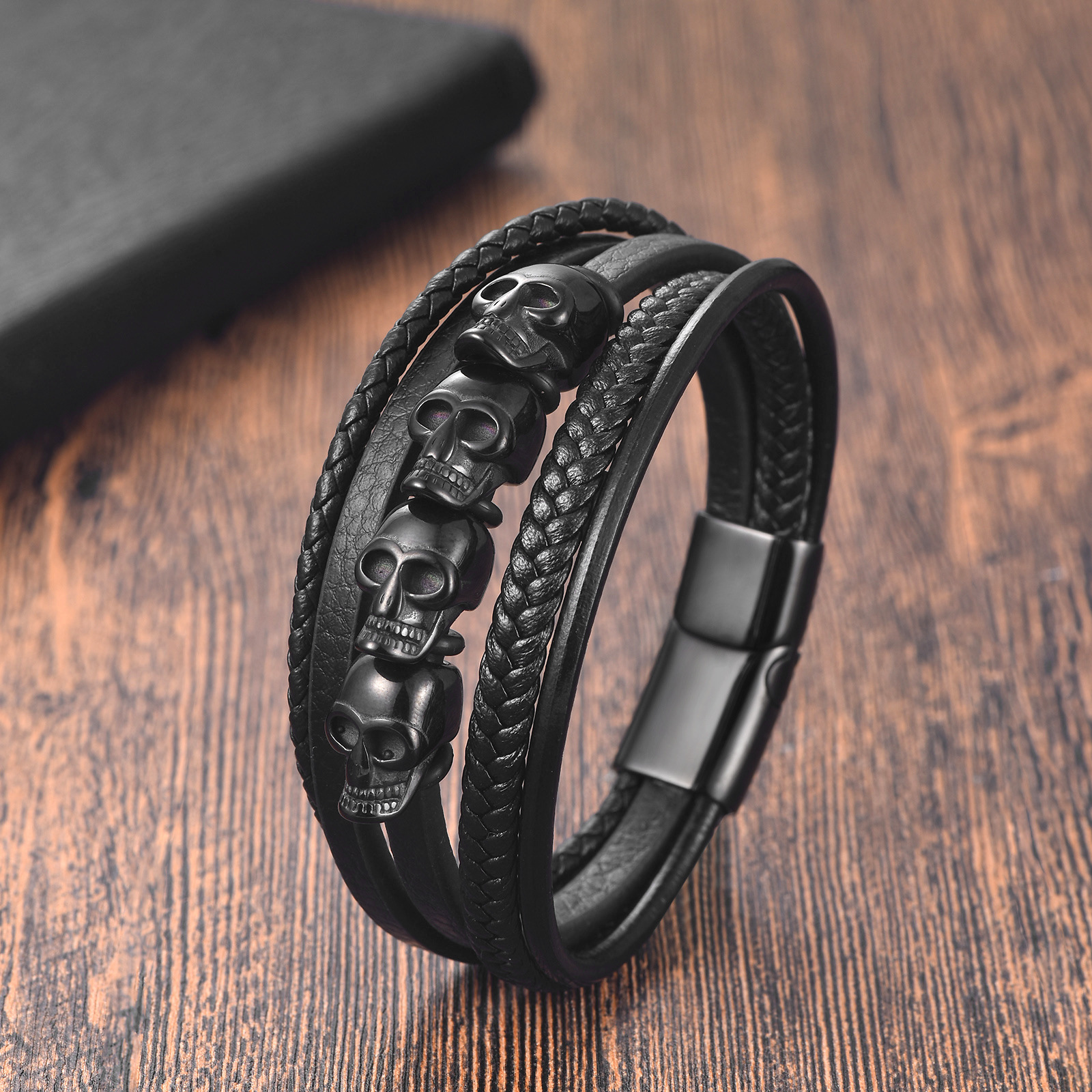316 Stainless Steel , Leather Material Halloween Festival Hip-Hop 316 Stainless Steel Leather Geometric Skull Men Cord & Leather Bracelets Halloween
