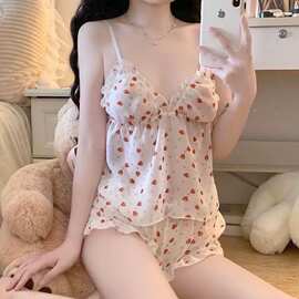 加大码胖妹妹性感纯欲睡衣女吊带短裤小碎花家居服甜美胸垫两件套