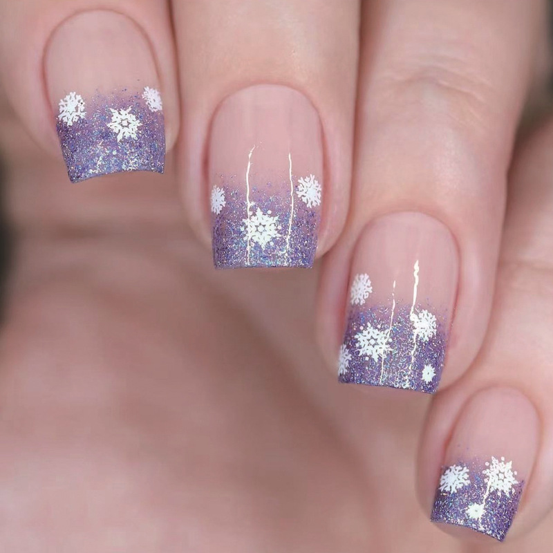 2025 white snowflake design simple purple glitter gradient finished nail art patch wear nail pressure nail 2025 white snowflake design simple purple glitter gradient finished nail art patch wear nail pressure nail