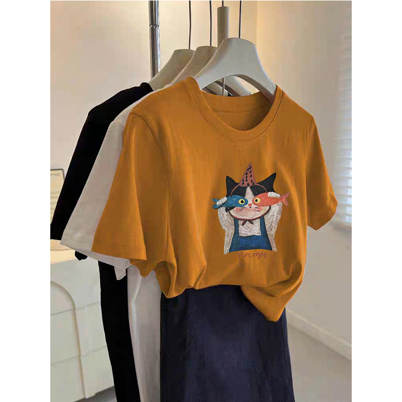 2026 Summer Women's Regular Shoulder T-Shirt, Pure Cotton Short-Sleeve Fashion Casual Versatile Base Shirt, Pumpkin Orange Color, Age-Reducing Top