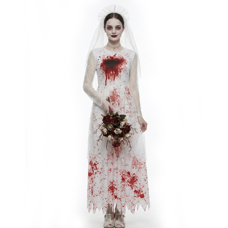 Halloween Bloody Ghost Bride Cos Costume Horror Bloody Long Lace Wedding Dress Party Dress for Women Halloween Bloody Ghost Bride Cos Costume Horror Bloody Long Lace Wedding Dress Party Dress for Women
