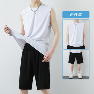 New ice silk camisole summer men's loose suit ims pullover short sleeve T-shirt shorts suit two pieces
