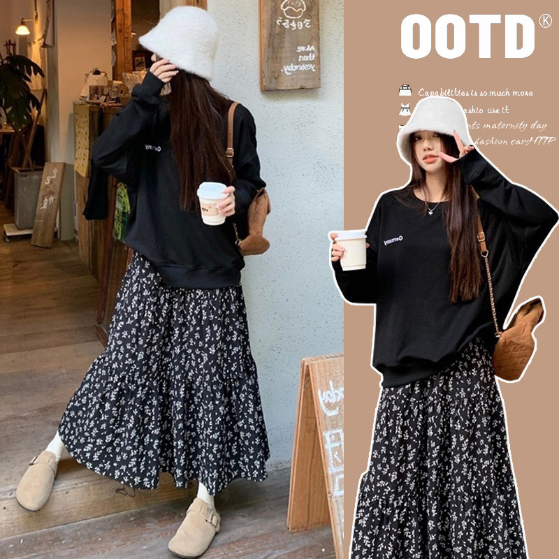 Pregnant Women's Clothing Autumn New Pregnant Women's Clothing Loose Drawstring Floral Half-length Skirt Casual Pregnant Women's suit