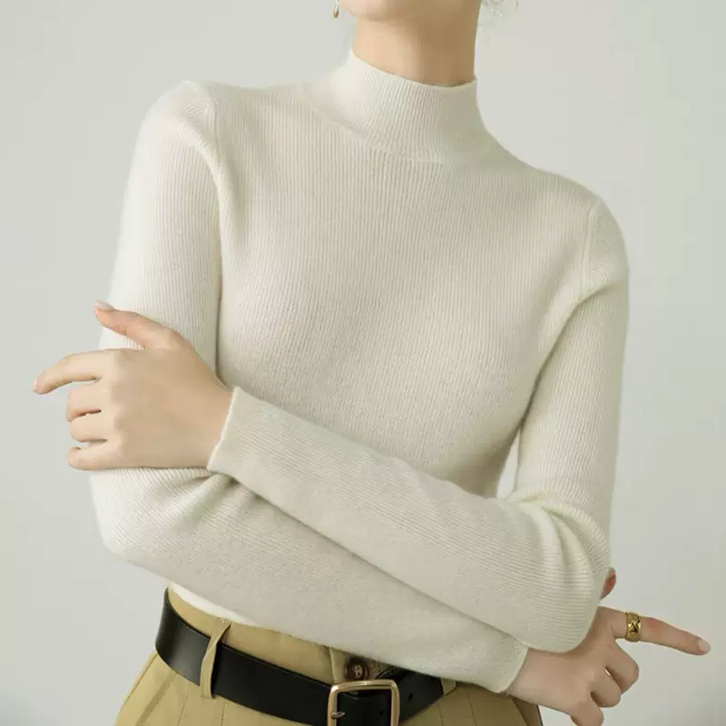 半高领100%羊绒衫女秋冬新款加厚上衣修身套头针织毛衣内搭打底衫
