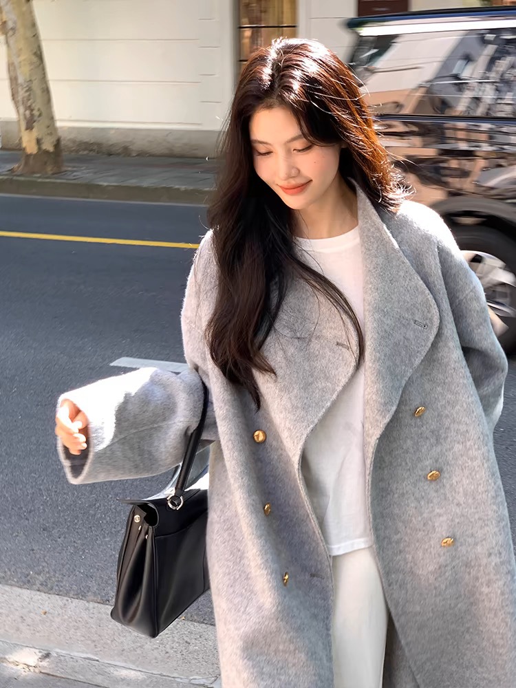 高級ゴールドバックル両面カシミヤコート女性のための 2025 秋と冬の新しいスタンドカラーエクストラロング韓国スタイルウールコート