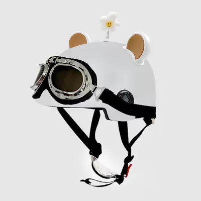 Motosiklet kaskı (dəbilqə) and Electric Scooter Helmet for Men - 3c-white-sunscreen-glasses-white-brown-bear-ears-free-small-white-flowers