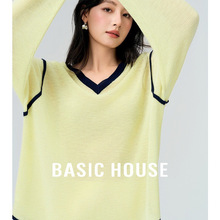 Basic House/百家好秋季撞色针织衫慵懒风宽松长袖上衣2025新款女