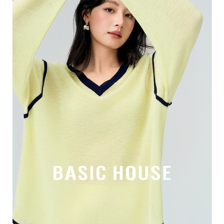 Basic House/百家好秋季撞色针织衫慵懒风宽松长袖上衣2025新款女