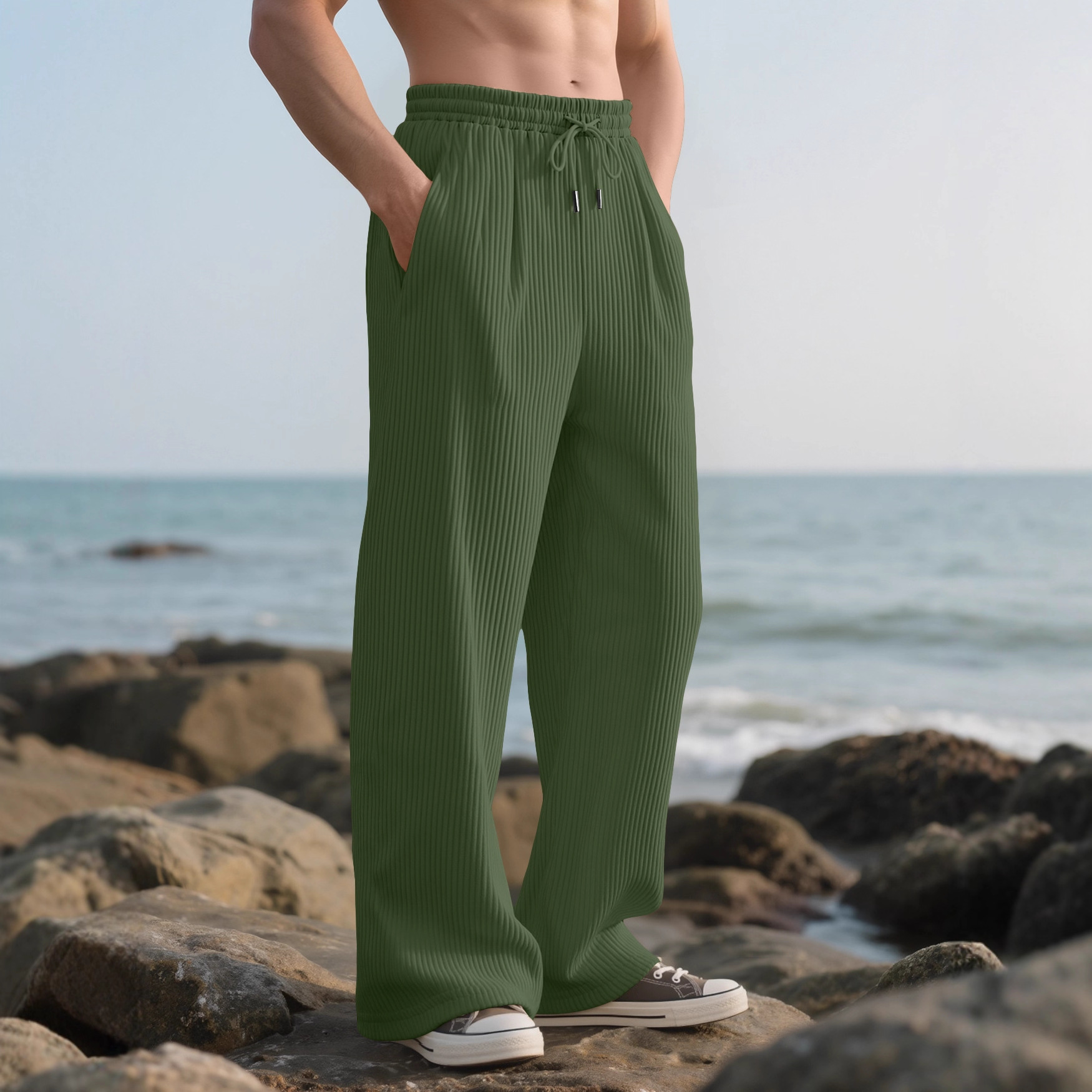 Transfronterizos europeos primavera y otoño jacquard rayas pantalones de piernas anchas casuales sueltos pozo tira de cuerda recta pantalones largos para hombres