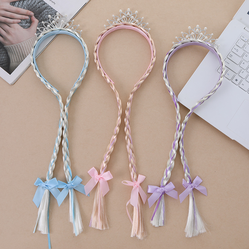 Children's Cute Bow Diamond Small Crown Wig Braids Super Fairy Hair Accessories Girls Princess Style Hair Hoop Aisha