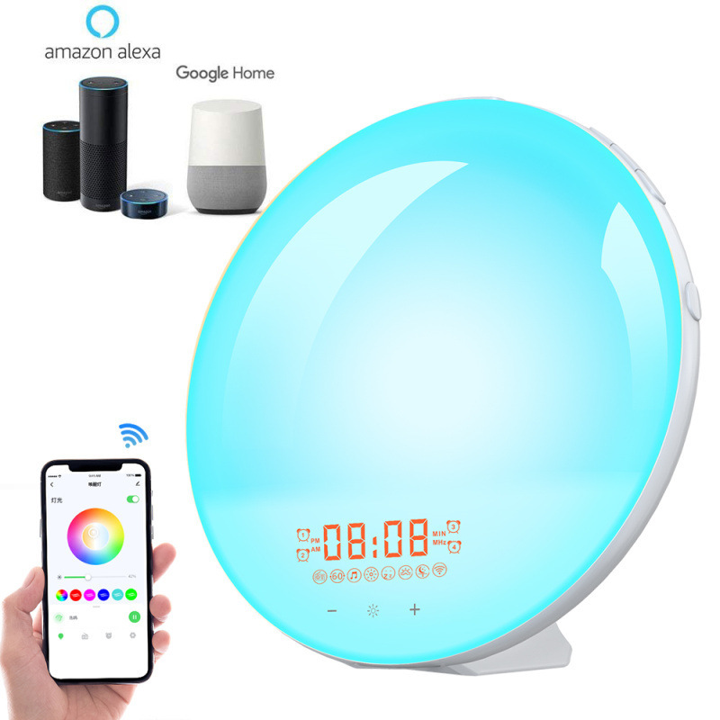 模擬日の出知能覚醒灯wifi音声app制御led七彩ベッドの日没睡眠灯目覚まし時計|undefined