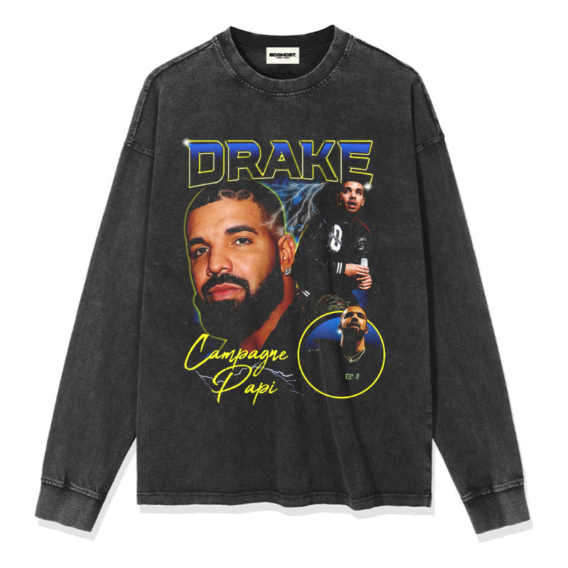 Drake hip hop rap americano estilo callejero estampado retro hace viejo lavado pesado suelto manga corta