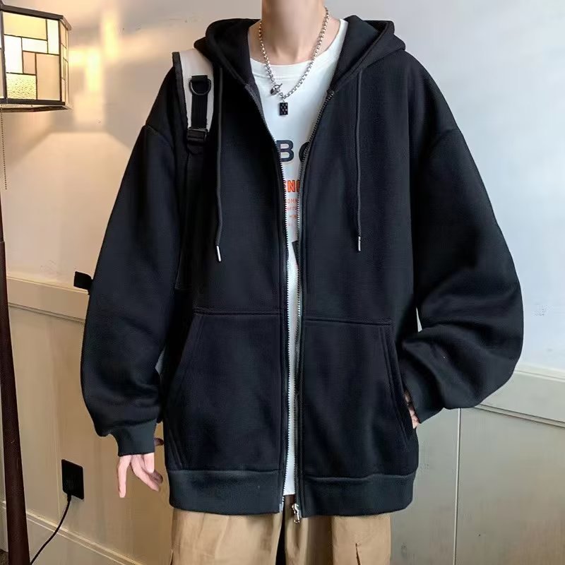Black Hooded Zipper Sweatshirt Plus Size Autumn Casual Men Women