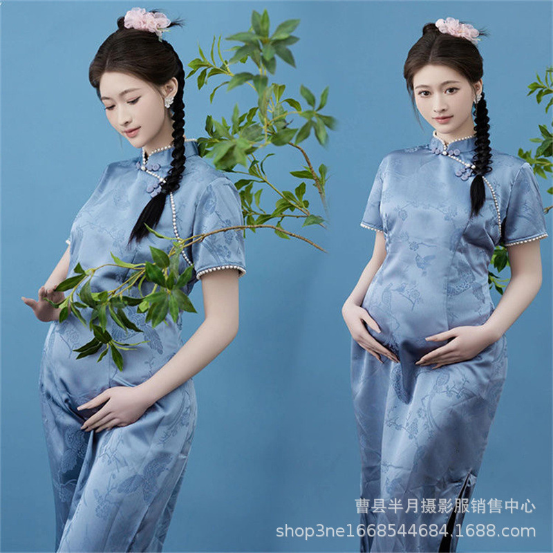 Photo Studio New Theme Pregnant Women Photo Clothing Retro New Chinese Ink Painting Style Pregnant Mommy Blue Cheongsam Photo