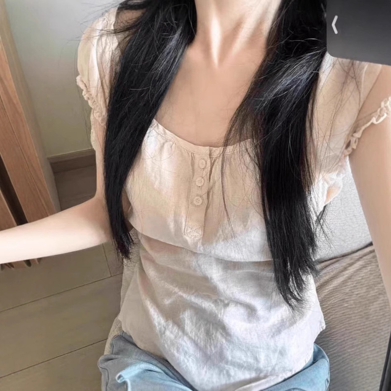 BM Style Three Button Bubble Sleeve Linen Short-sleeved Shirt Top Women's Bm Summer New Slim-fit Slim T-shirt