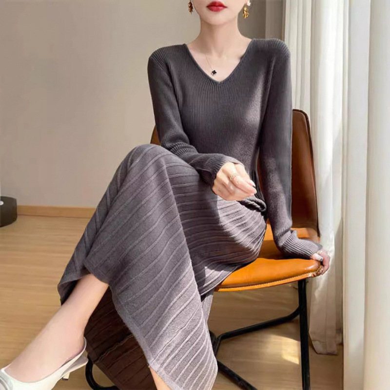 Women's V-neck Super Long dress Autumn and Winter Mid-length Knitted Base Skirt Coat with Elegant A- line Slimming Long Skirt