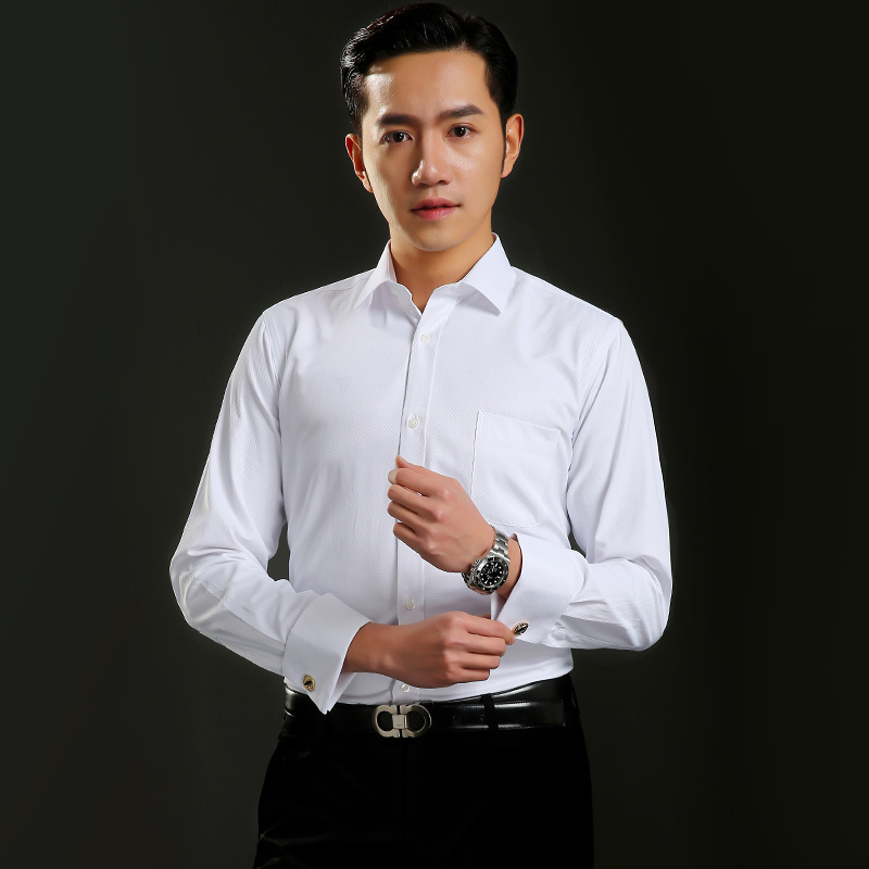 New French Business Long Sleeve Shirt Men's Fashion Cufflinks White Collar Shirt Loose plus size Men's Striped French Lining