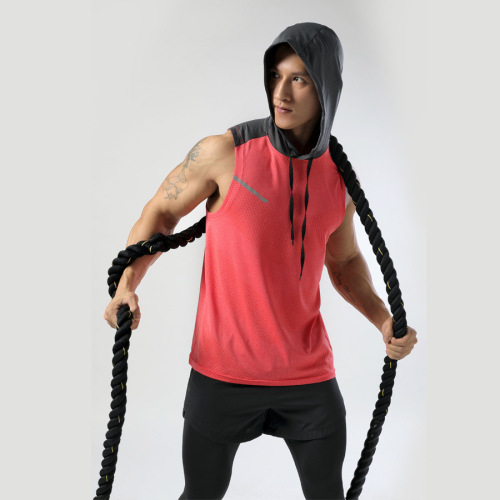 Adult Hooded Sleeveless T-Shirt Men Striped Sporty Casual Quick-Dry Top Fitness Running Backless Shirt
