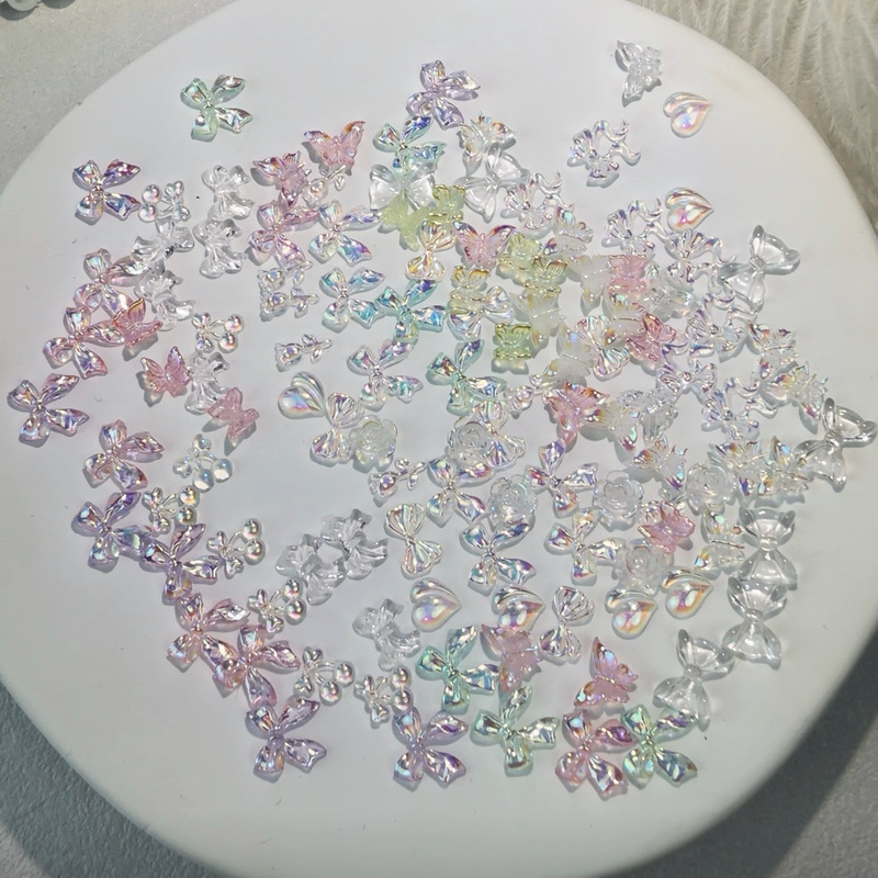 Manufacturer's Popular Ice-Clear Aurora Bow Nail Art Decorations Mixed Style Iridescent Flower 3D Laser DIY Internet Celebrity Nail Art